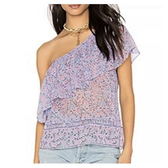 Saylor Janice purple floral one shoulder ruffle top Large Spring Casual … - Picture 1 of 8